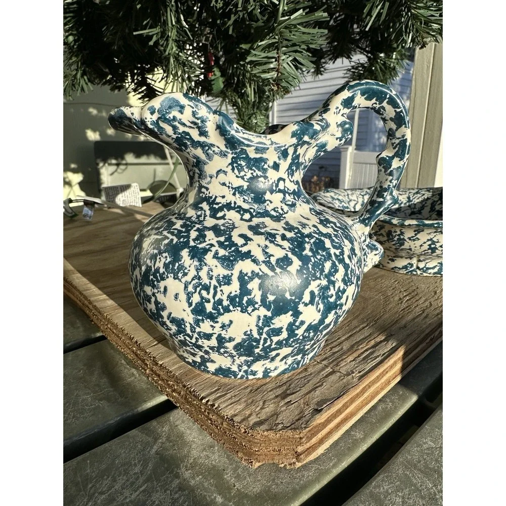 Vtg McCoy Blue Country Spongeware‎ Stoneware Pottery Small Pitcher And Bowl Set